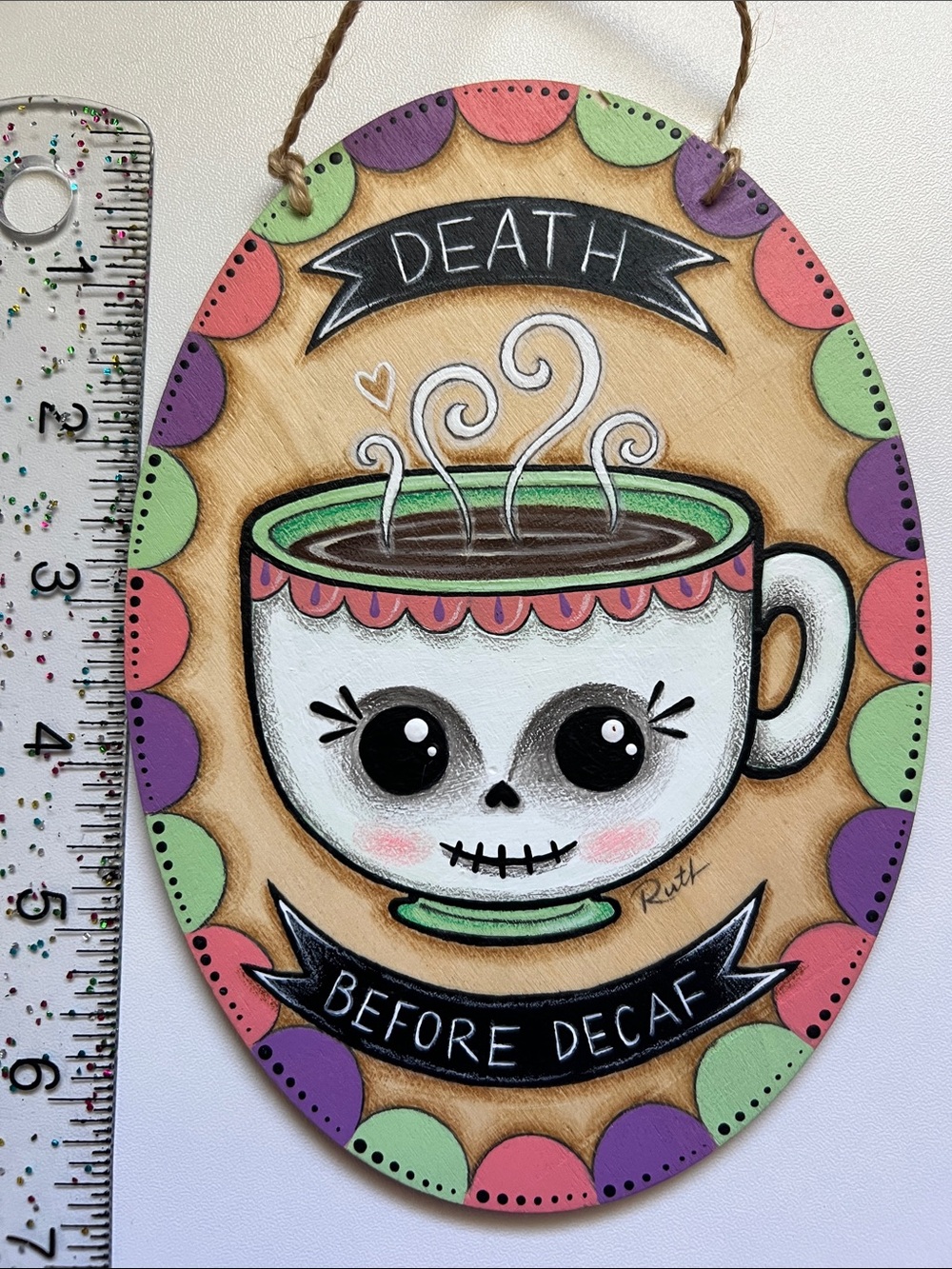 Hand-Painted 'Death Before Decaf' White Teacup Wall Plaque